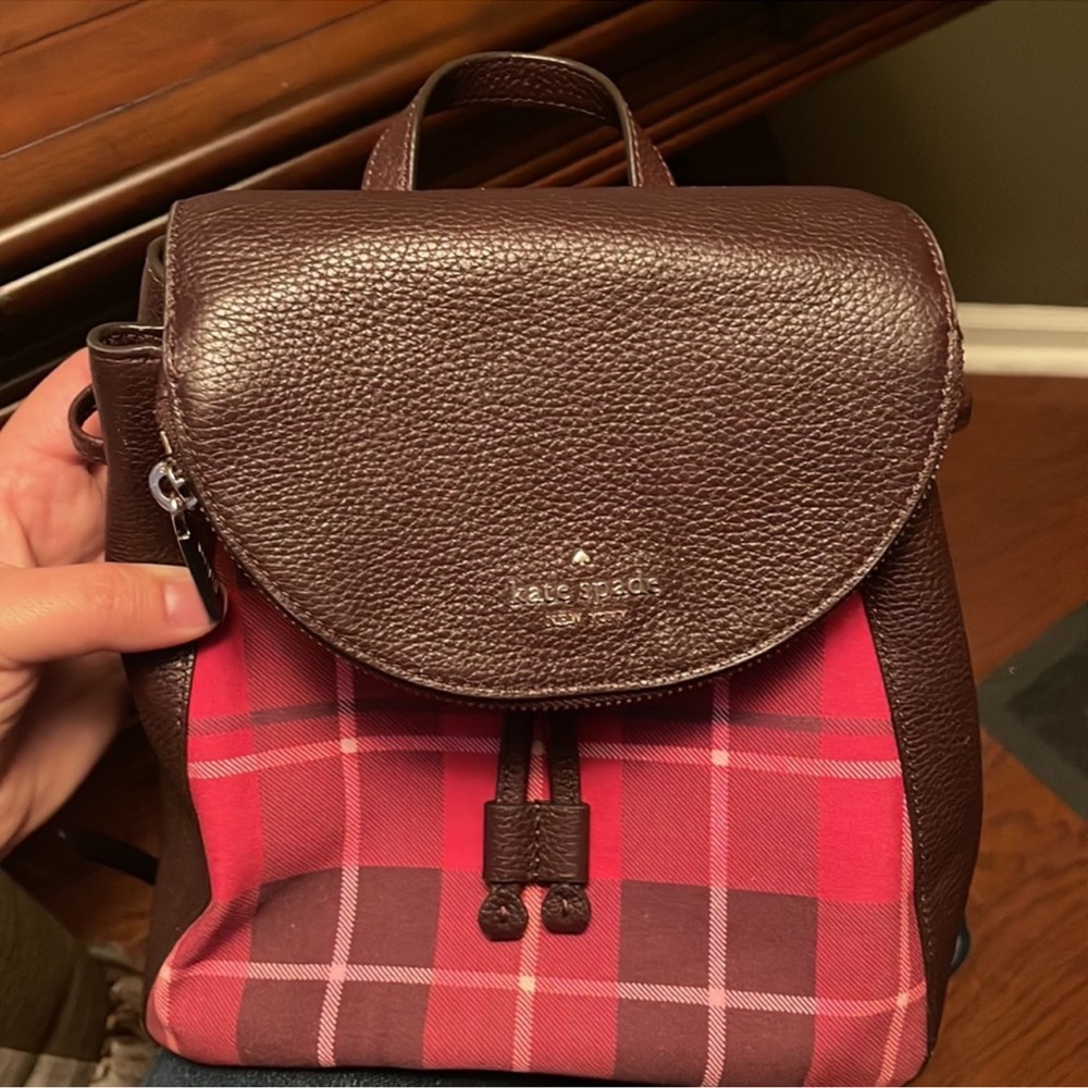 Kate Spade “Leila” Brown Leather & Pink Plaid Backpack, Lk New - Picture 8 of 13